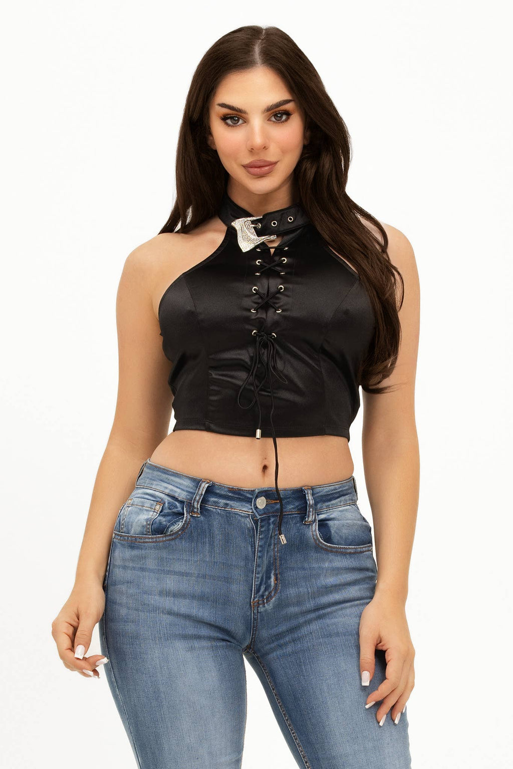 Front Cross Tie Detail Eyelet Buckle Belt Neck Top