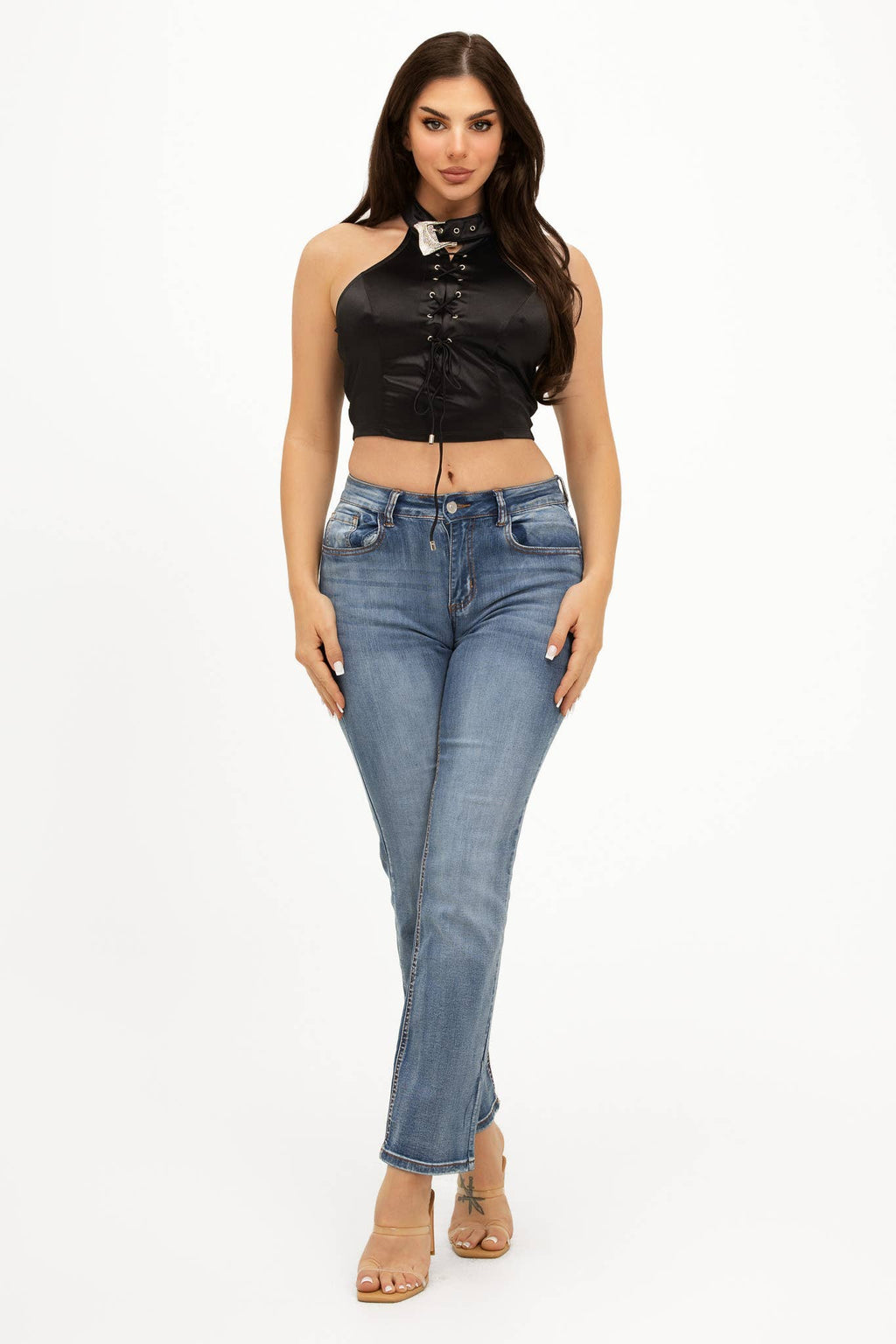 Front Cross Tie Detail Eyelet Buckle Belt Neck Top