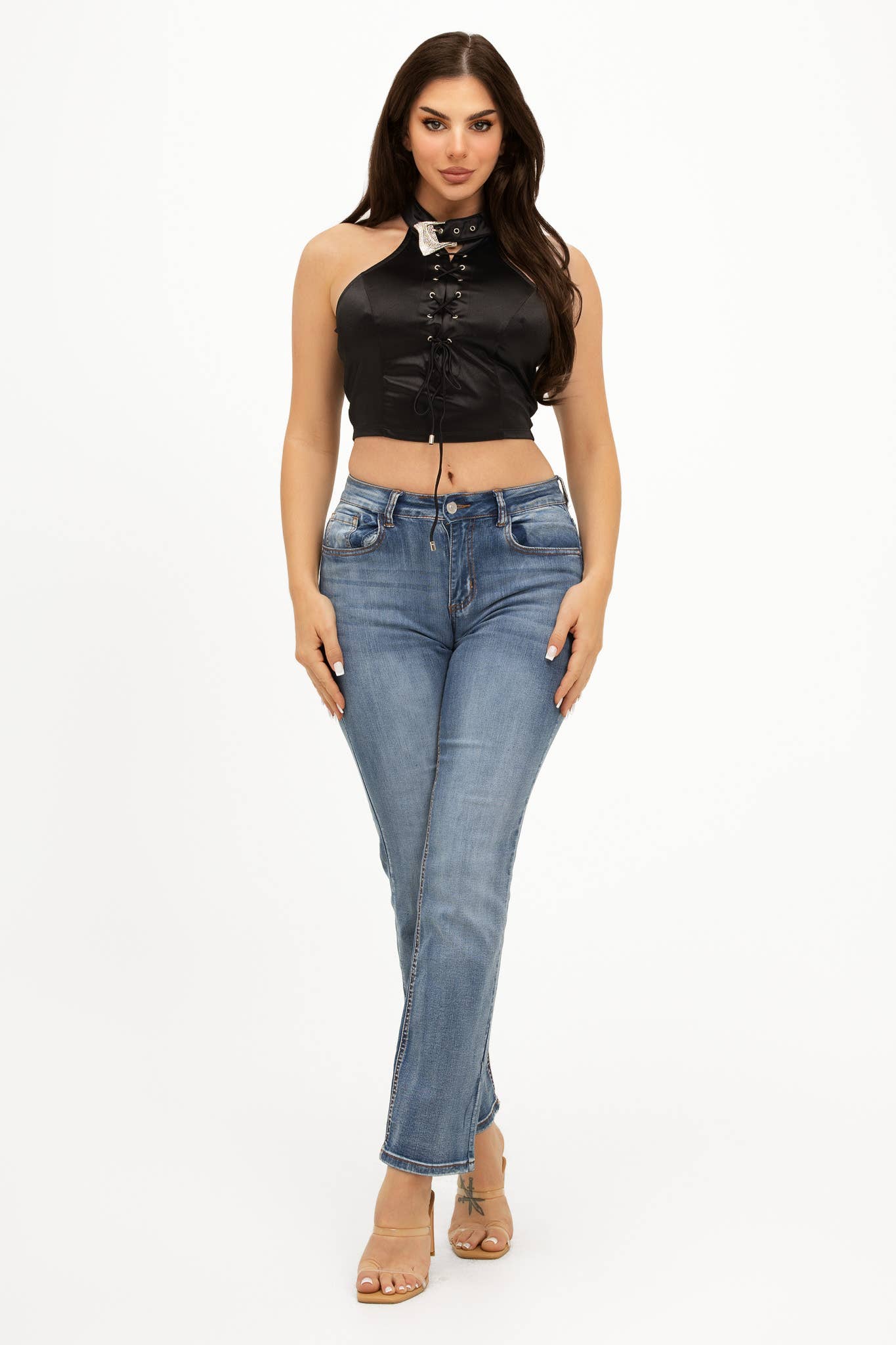 Front Cross Tie Detail Eyelet Buckle Belt Neck Top