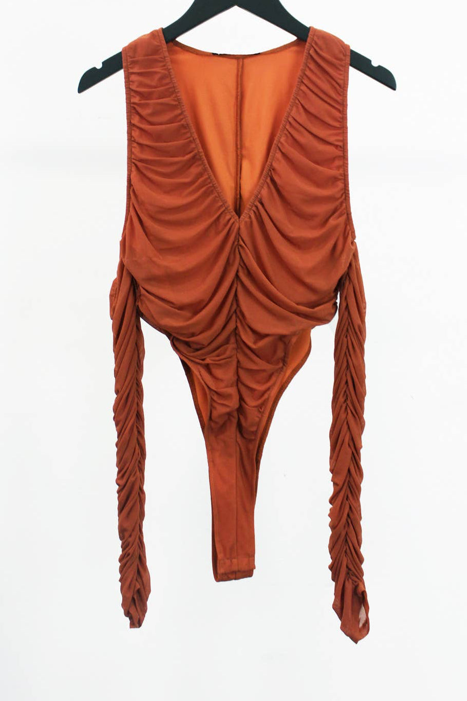 High leg cut ruched mesh cold shoulder bodysuit