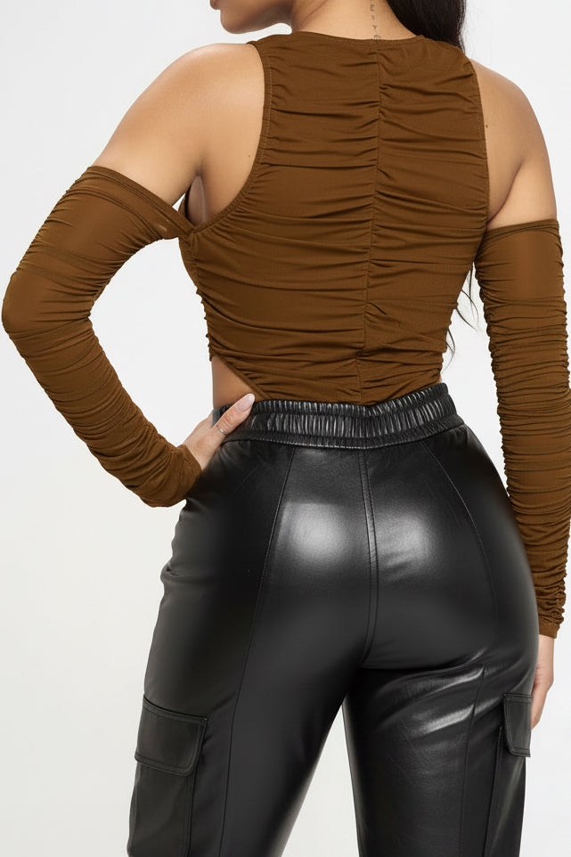 High leg cut ruched mesh cold shoulder bodysuit